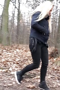Blonde Honey Squatting To Pee Outdoors In The Woods