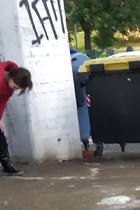 Brunette Vixen Pissing Against Passing Traffic