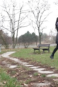 Raven Haired Bitch Pisses Over Wooden Bench