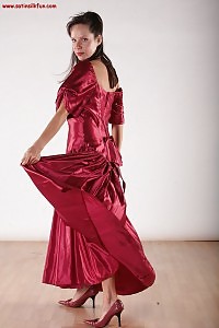 Cute Leg Brunette In Sexy Red Long Dress Flashed Her Ass