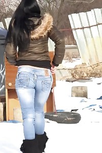 Black Haired Chick Sprinkles Pee On The Snow