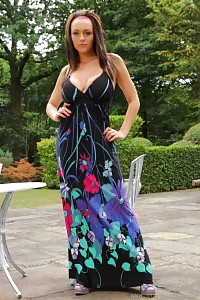Big-tittied Jenna Hoskins Looks Astonishing In A Long Summer Gown, White Nylons And Boots