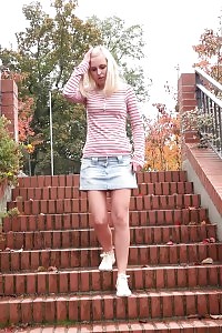 Excellent Blonde Squats On Steps Outdoors To Piss