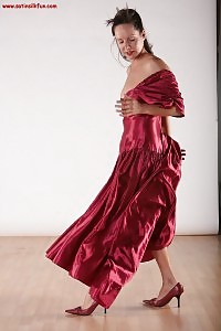 Cute Leg Brunette In Sexy Red Long Dress Flashed Her Ass