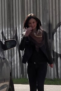 City Peeing For Seductive Black Haired Chick